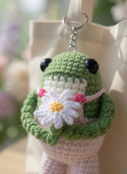 Cute Crochet Frog Holding Daisy Keychain | Pastel Amigurumi Bag Charm