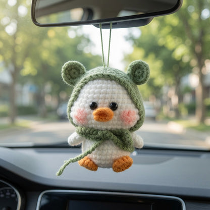 Cute Crochet Duck in Green Frog Hood Keychain | Handmade Amigurumi Bag Charm