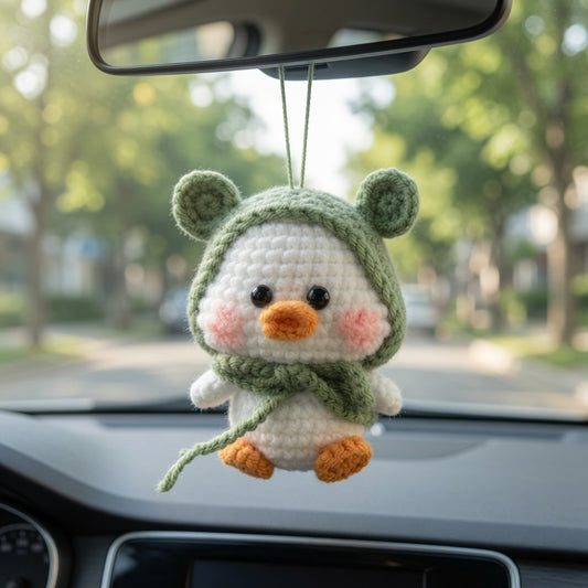 Cute Crochet Duck in Green Frog Hood Keychain | Handmade Amigurumi Bag Charm